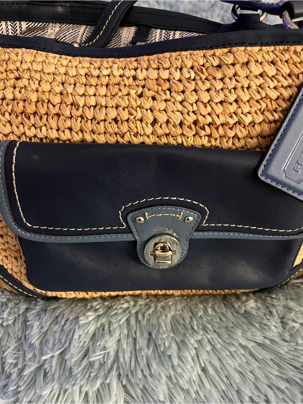 Coach Straw & Leather Legacy Resort Tote Bag w Contrasting Blues EUC - Picture 4 of 13